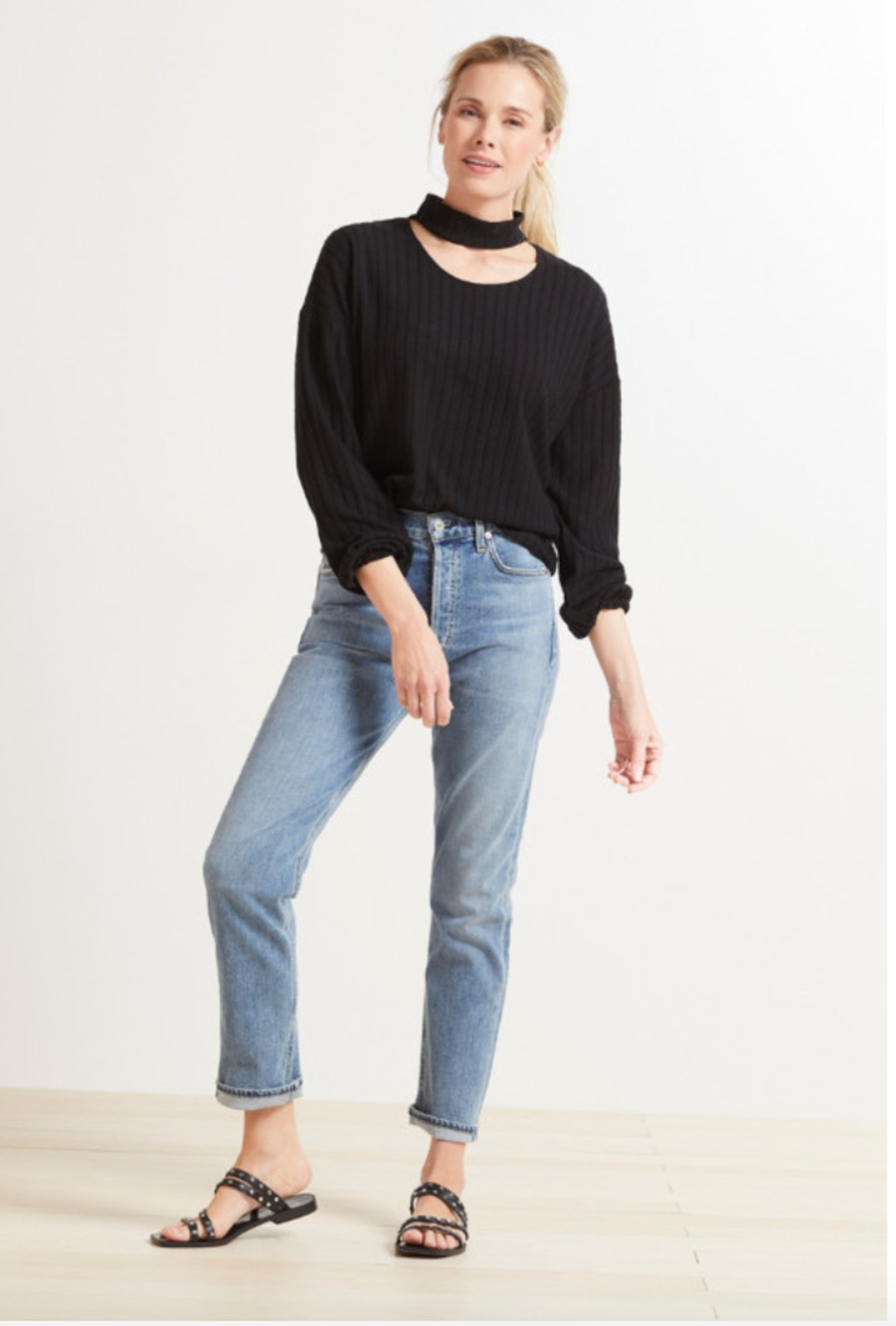 CHASER NWT Evereve Black Cutout Long Sleeve Mock Neck Ribbed Top // XL